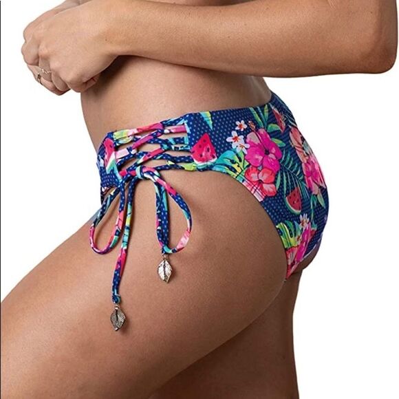 Heat Sweet Escape Tropical Watermelon Cross Tie Side String Bikini Bottoms Small - Picture 4 of 10